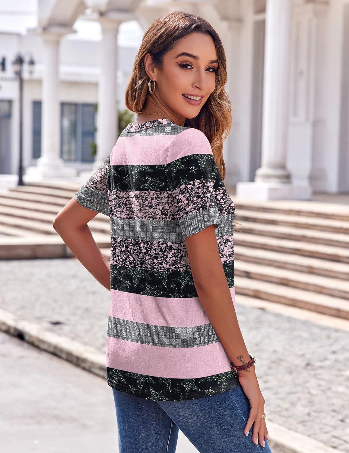 imageZeagoo Womens Summer Tops Casual Short Sleeve V Neck Shirts Business Dressy Work BlousesStripes Black Pink