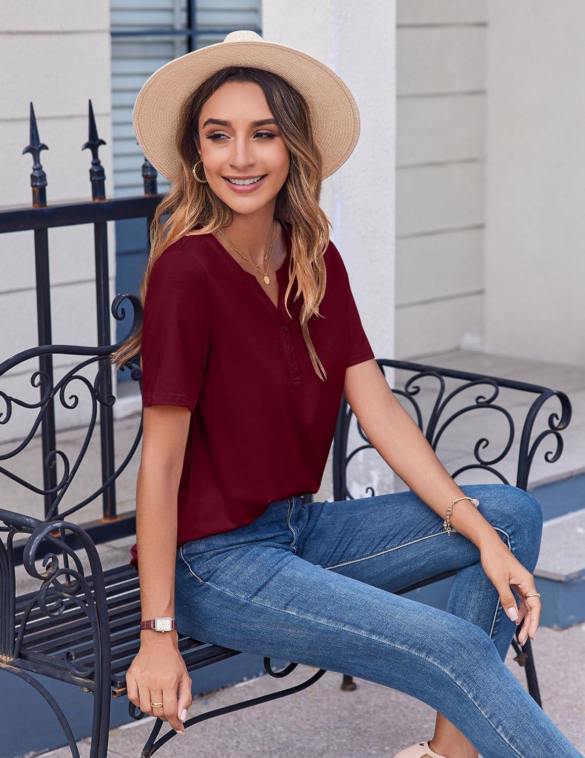 imageZeagoo Womens Summer Tops Casual Short Sleeve V Neck Shirts Business Dressy Work BlousesWine Red