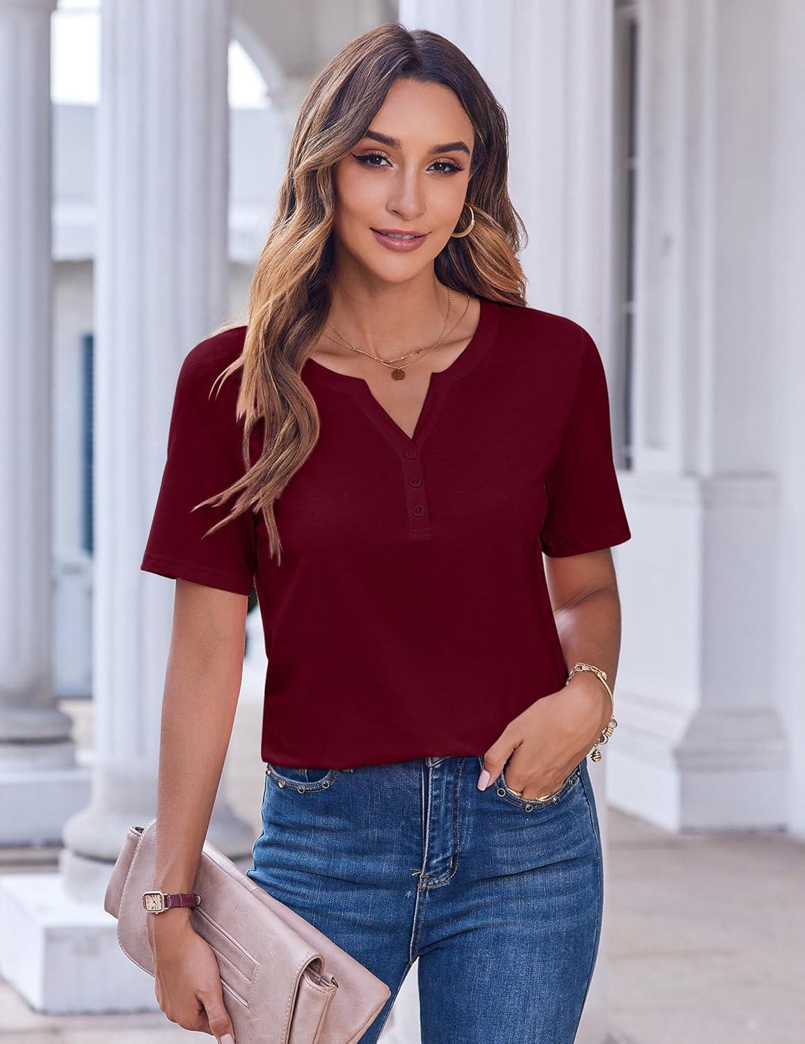 imageZeagoo Womens Summer Tops Casual Short Sleeve V Neck Shirts Business Dressy Work BlousesWine Red