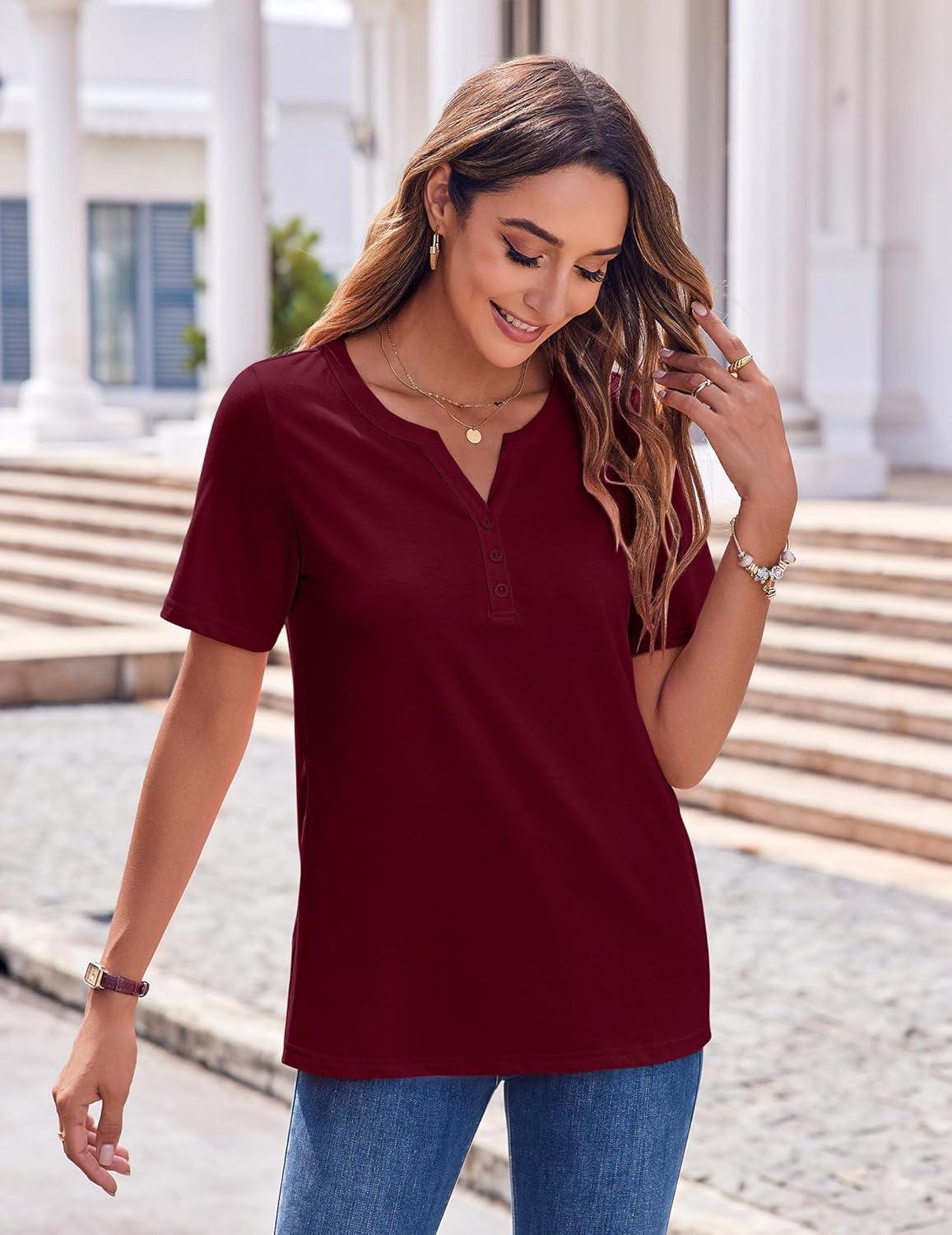 imageZeagoo Womens Summer Tops Casual Short Sleeve V Neck Shirts Business Dressy Work BlousesWine Red