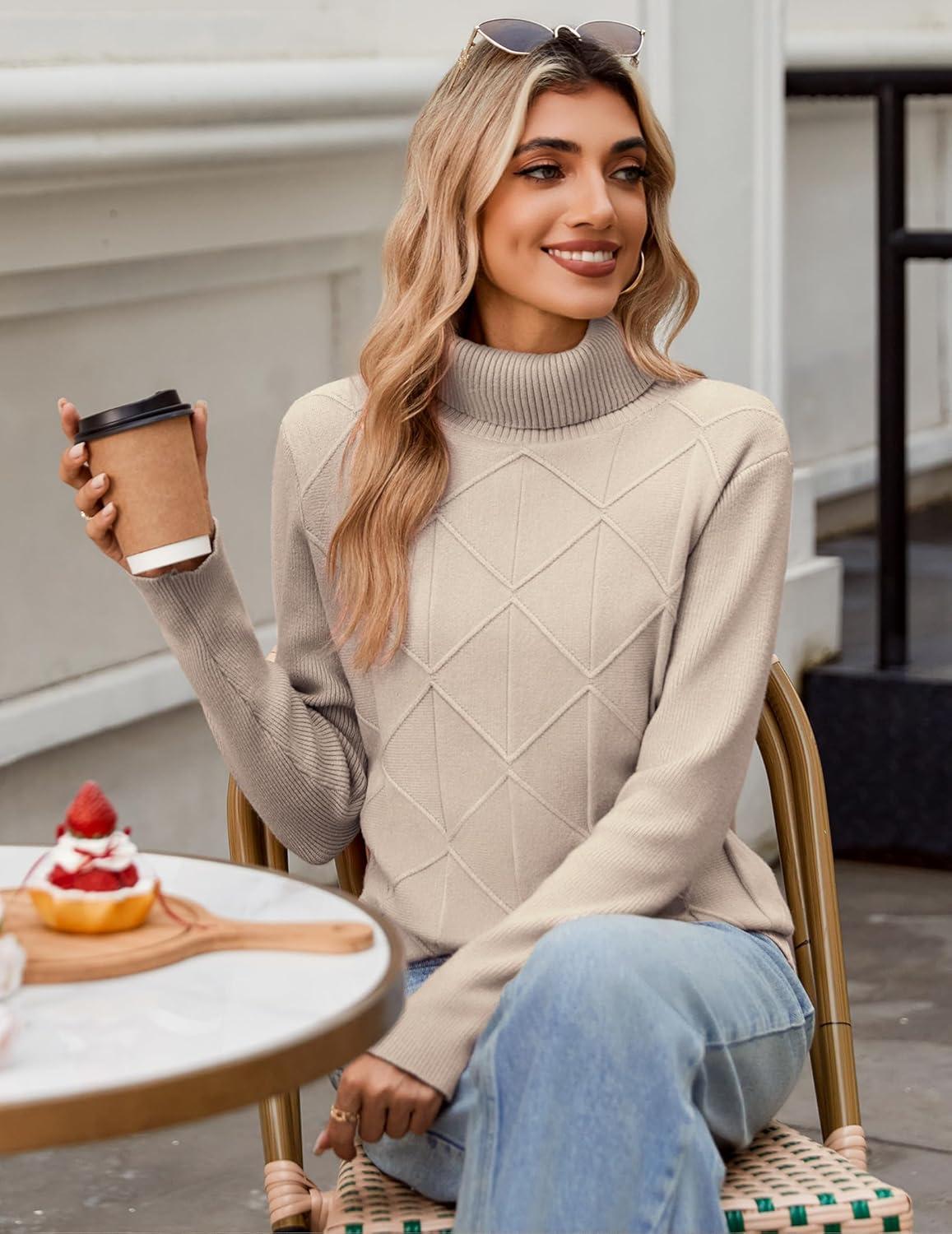 imageZeagoo Womens Turtleneck Sweater Fall Winter 2026 Long Sleeve Chunky Knitted Trendy Pullover TopsDark Apricot