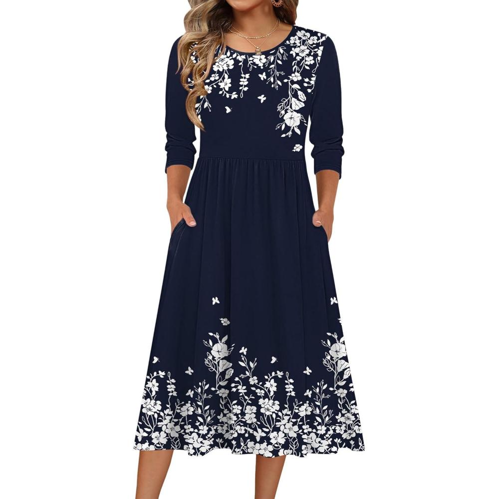 imageZeagoo 34 Sleeve Womens Dress Casual Flowy ALine Midi Tshirt Dresses with Pockets Crewneck Vocation Boho Beach SundressNavy Blue Floral