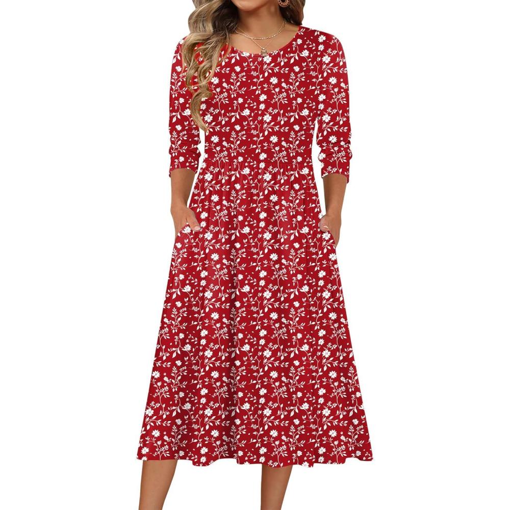 imageZeagoo 34 Sleeve Womens Dress Casual Flowy ALine Midi Tshirt Dresses with Pockets Crewneck Vocation Boho Beach SundressRed Floral