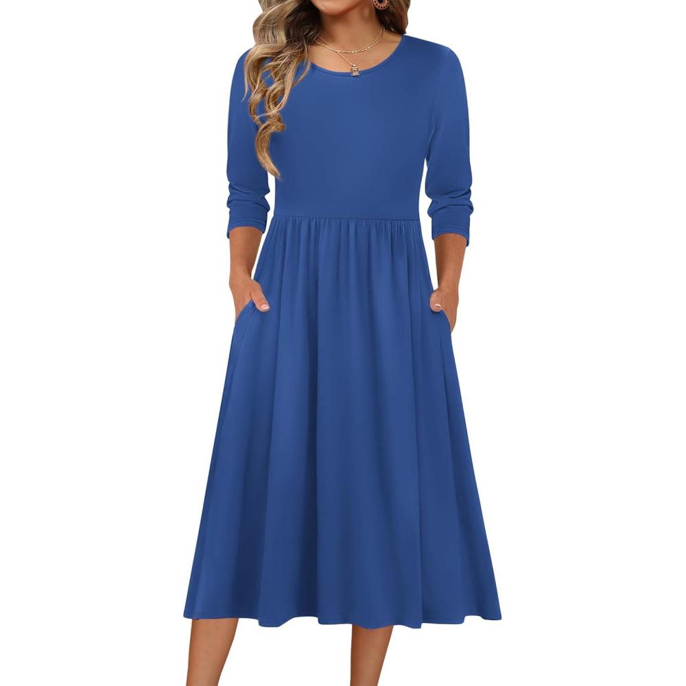 imageZeagoo 34 Sleeve Womens Dress Casual Flowy ALine Midi Tshirt Dresses with Pockets Crewneck Vocation Boho Beach SundressSolid Blue