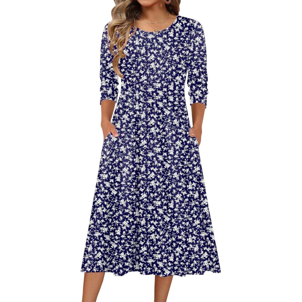 imageZeagoo 34 Sleeve Womens Dress Casual Flowy ALine Midi Tshirt Dresses with Pockets Crewneck Vocation Boho Beach SundressXh445
