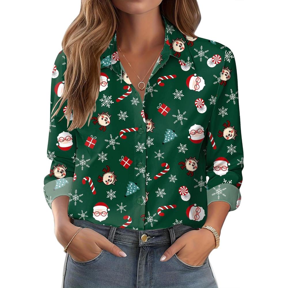 imageZeagoo Button Down Shirts for Women Dressy Floral Printed Long Sleeve Blouse Business Casual Work TopsChristmas Green