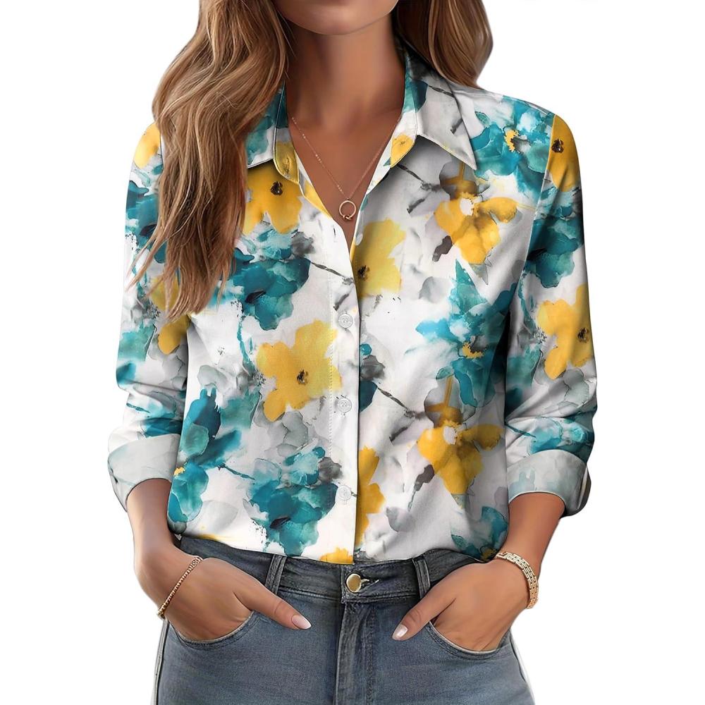 imageZeagoo Button Down Shirts for Women Dressy Floral Printed Long Sleeve Blouse Business Casual Work TopsDh637