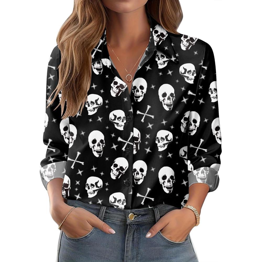 imageZeagoo Button Down Shirts for Women Dressy Floral Printed Long Sleeve Blouse Business Casual Work TopsHalloween Black