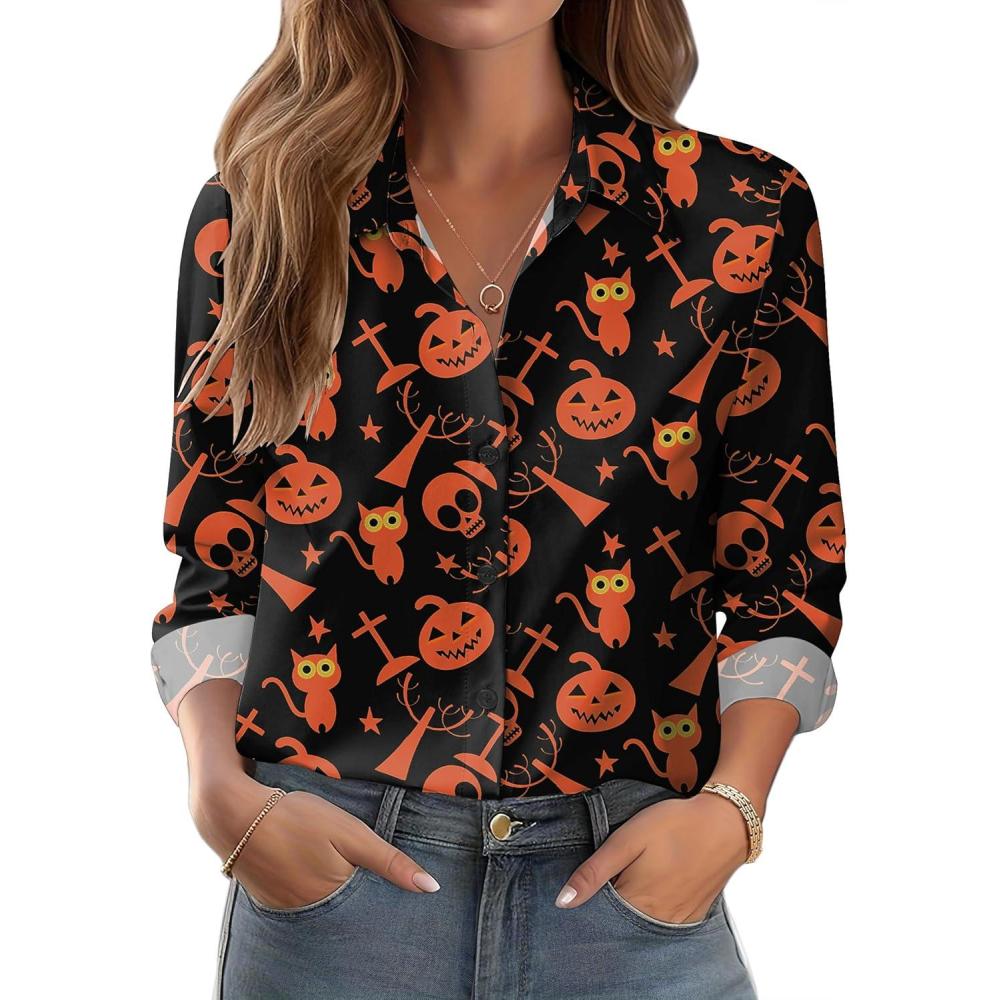 imageZeagoo Button Down Shirts for Women Dressy Floral Printed Long Sleeve Blouse Business Casual Work TopsHalloween Orange