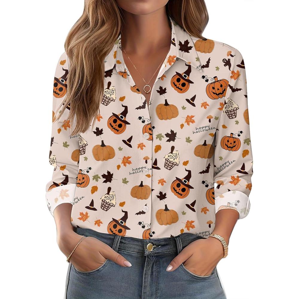 imageZeagoo Button Down Shirts for Women Dressy Floral Printed Long Sleeve Blouse Business Casual Work TopsHalloween Pumpkin