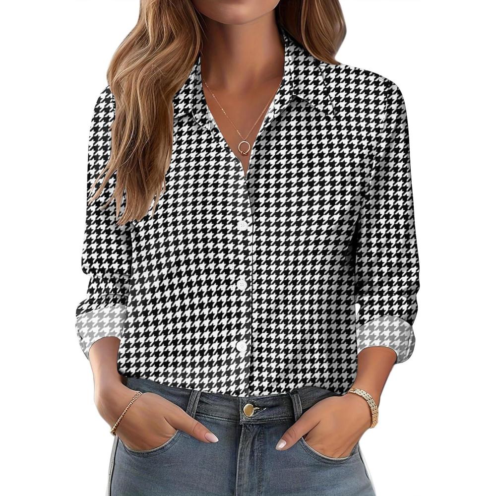 imageZeagoo Button Down Shirts for Women Dressy Floral Printed Long Sleeve Blouse Business Casual Work TopsHoundstooth
