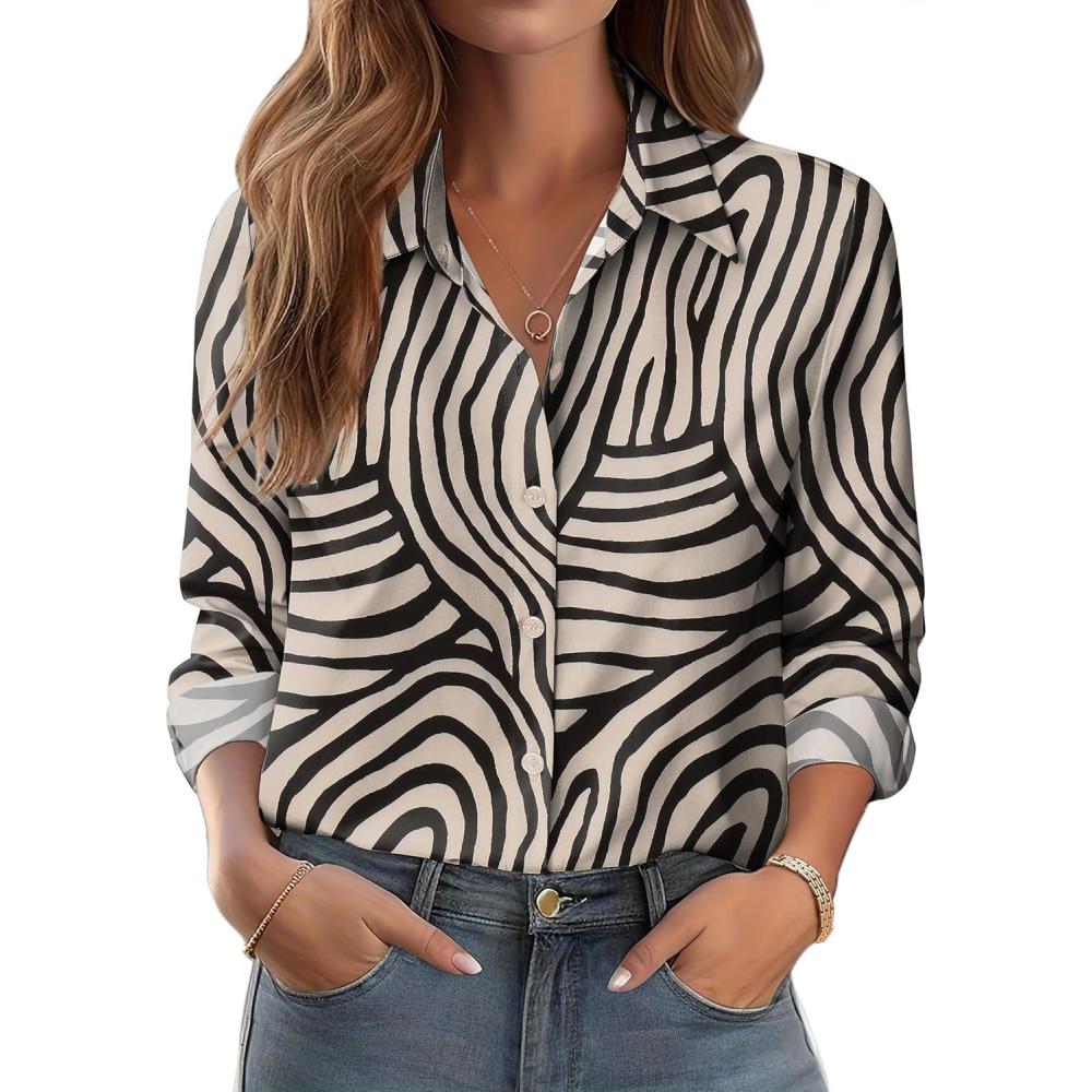 imageZeagoo Button Down Shirts for Women Dressy Floral Printed Long Sleeve Blouse Business Casual Work TopsIrregular Stripe