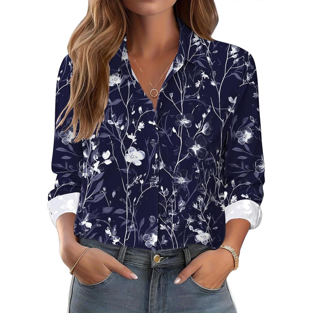 imageZeagoo Button Down Shirts for Women Dressy Floral Printed Long Sleeve Blouse Business Casual Work TopsNavy White Floral