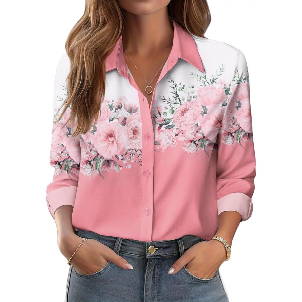 imageZeagoo Button Down Shirts for Women Dressy Floral Printed Long Sleeve Blouse Business Casual Work TopsPink Flower