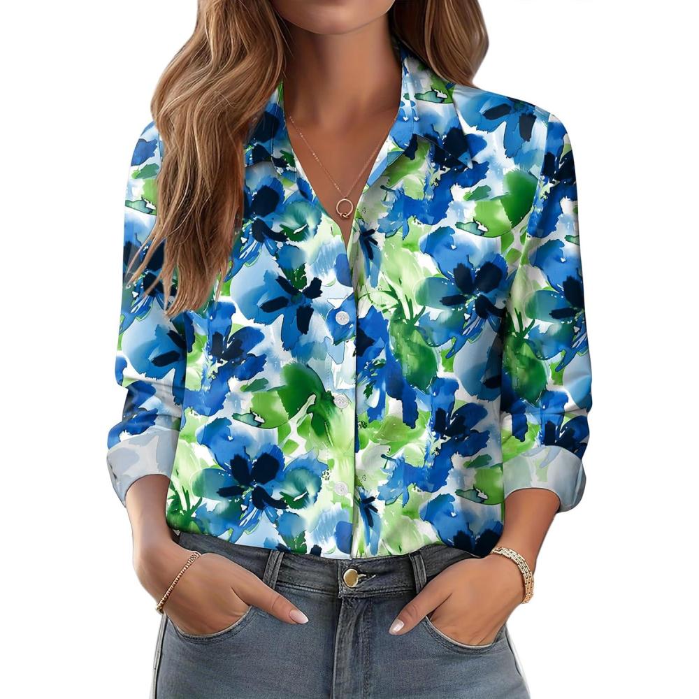 imageZeagoo Button Down Shirts for Women Dressy Floral Printed Long Sleeve Blouse Business Casual Work TopsWf32