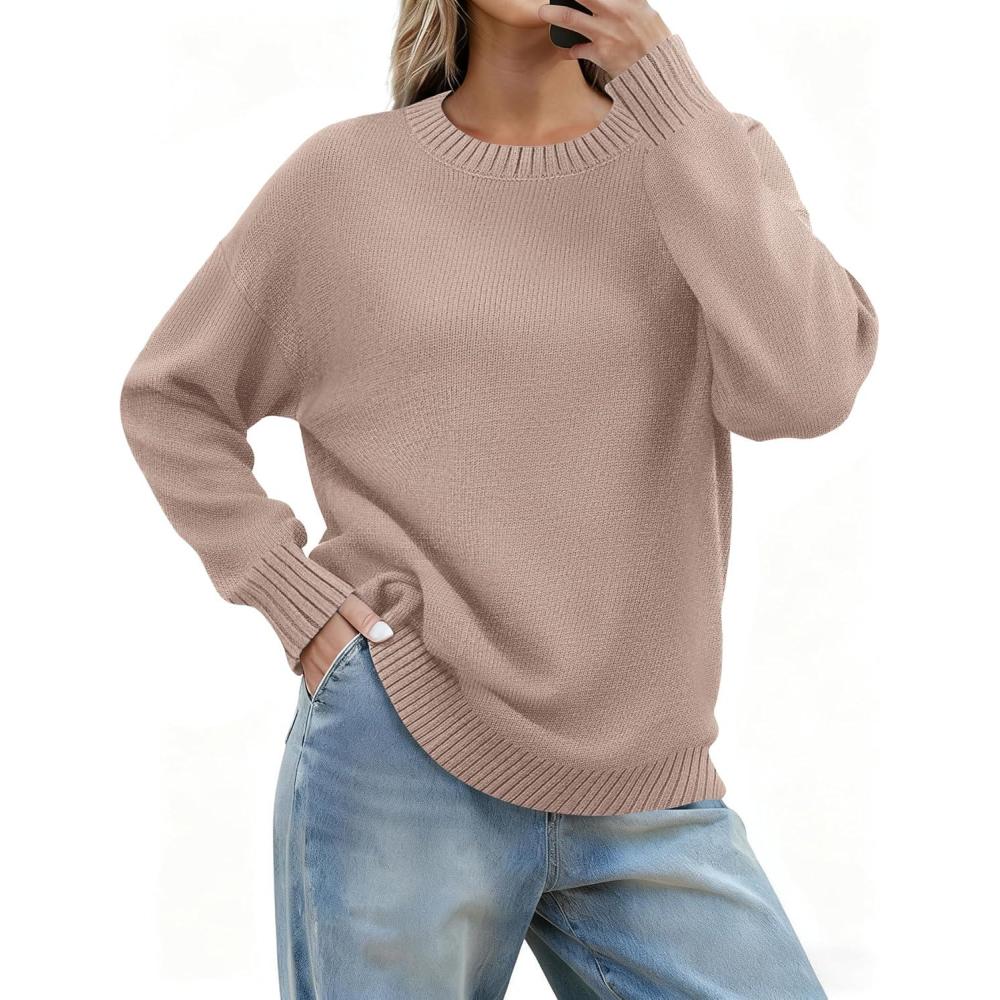 imageZeagoo Fall Sweaters for Women 2026 Long Sleeve Crewneck Ribbed Knit Pullover Sweater Loose Fit Basic Jumper TopsA Apricot