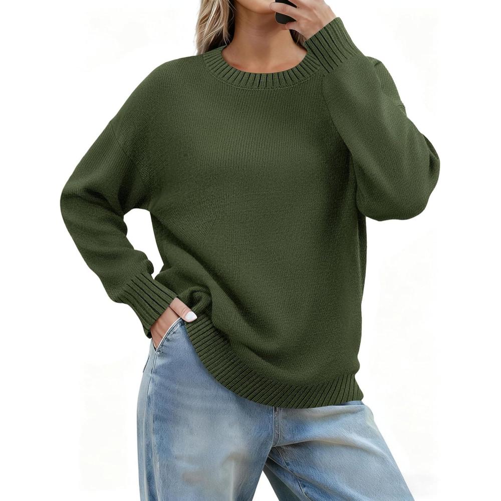 imageZeagoo Fall Sweaters for Women 2026 Long Sleeve Crewneck Ribbed Knit Pullover Sweater Loose Fit Basic Jumper TopsA Army Green