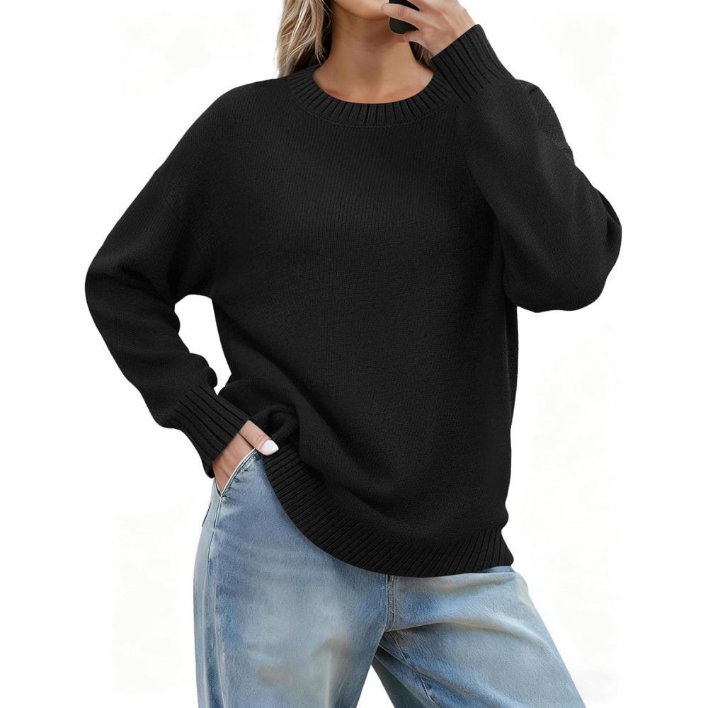 imageZeagoo Fall Sweaters for Women 2026 Long Sleeve Crewneck Ribbed Knit Pullover Sweater Loose Fit Basic Jumper TopsA Black