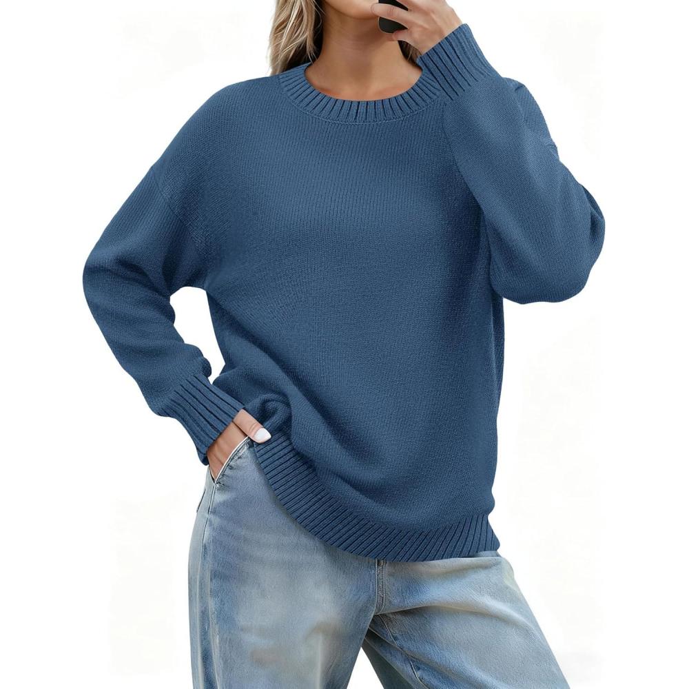 imageZeagoo Fall Sweaters for Women 2026 Long Sleeve Crewneck Ribbed Knit Pullover Sweater Loose Fit Basic Jumper TopsA Blue