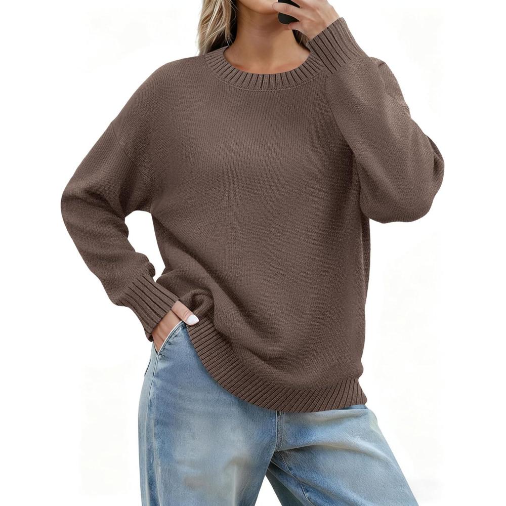 imageZeagoo Fall Sweaters for Women 2026 Long Sleeve Crewneck Ribbed Knit Pullover Sweater Loose Fit Basic Jumper TopsA Brown