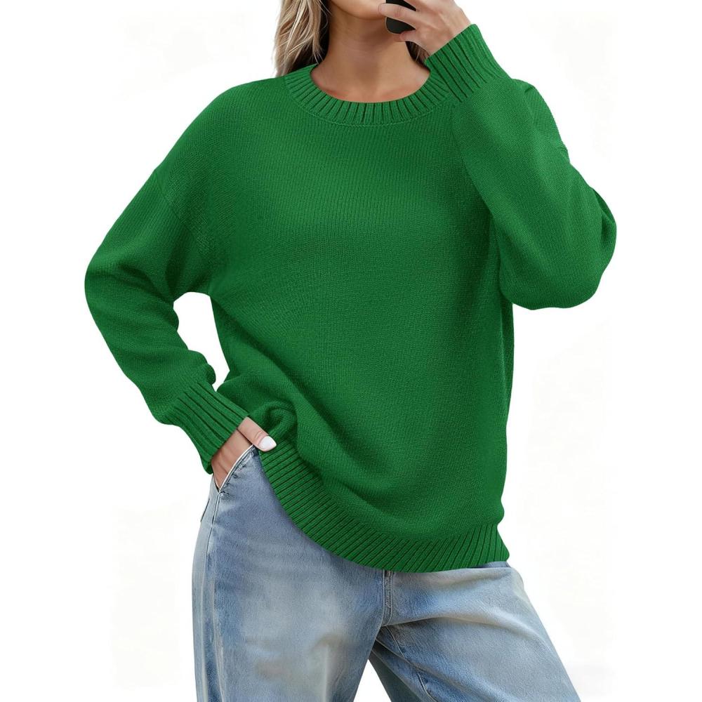 imageZeagoo Fall Sweaters for Women 2026 Long Sleeve Crewneck Ribbed Knit Pullover Sweater Loose Fit Basic Jumper TopsA Green
