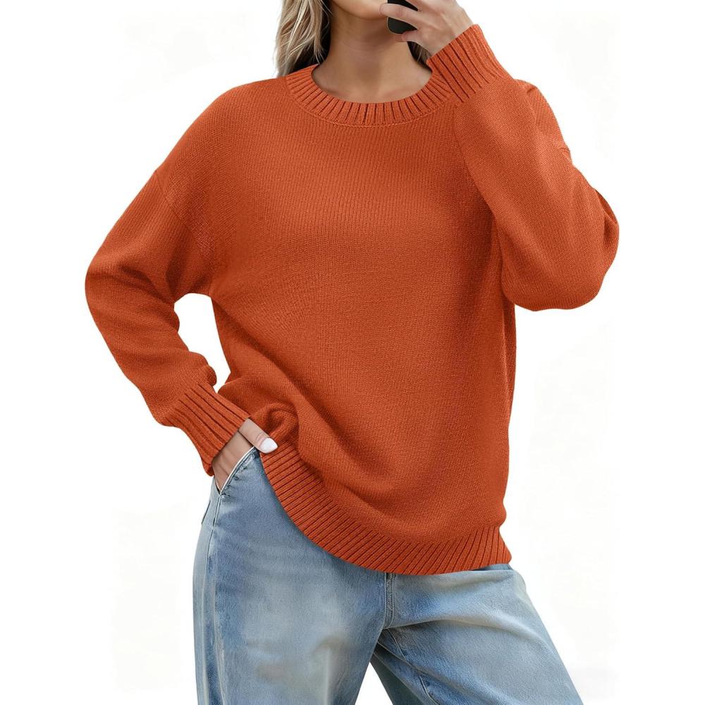 imageZeagoo Fall Sweaters for Women 2026 Long Sleeve Crewneck Ribbed Knit Pullover Sweater Loose Fit Basic Jumper TopsA Orange