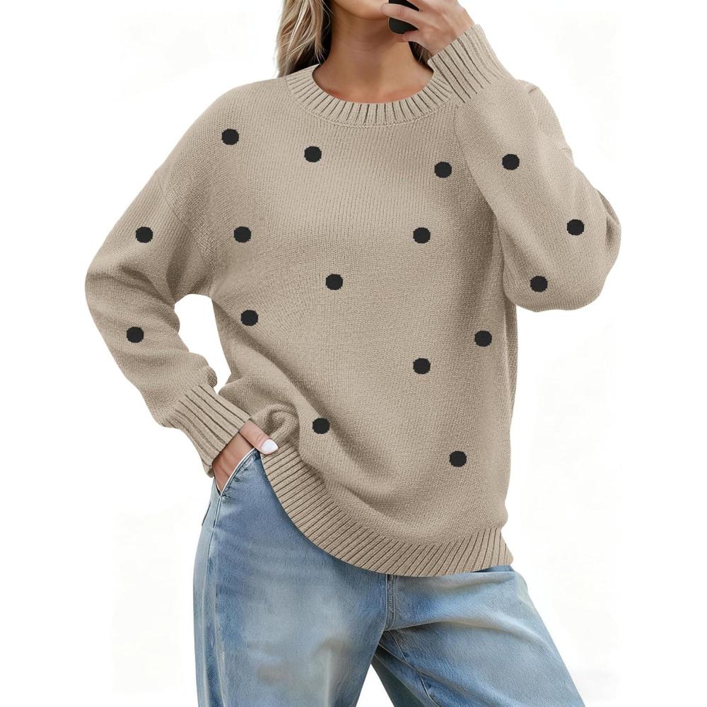 imageZeagoo Fall Sweaters for Women 2026 Long Sleeve Crewneck Ribbed Knit Pullover Sweater Loose Fit Basic Jumper TopsA Polka Dotkhaki