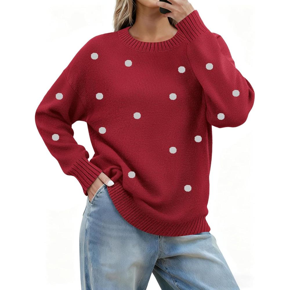 imageZeagoo Fall Sweaters for Women 2026 Long Sleeve Crewneck Ribbed Knit Pullover Sweater Loose Fit Basic Jumper TopsA Polka Dotred