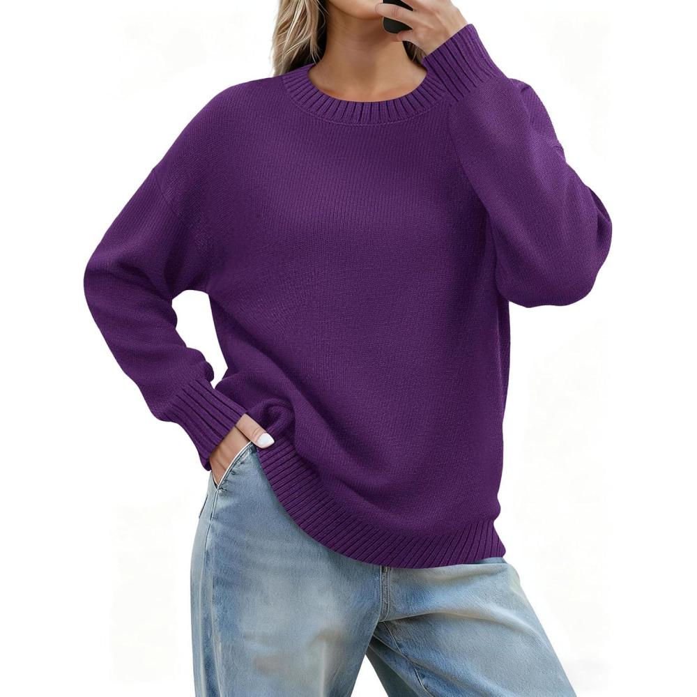 imageZeagoo Fall Sweaters for Women 2026 Long Sleeve Crewneck Ribbed Knit Pullover Sweater Loose Fit Basic Jumper TopsA Purple