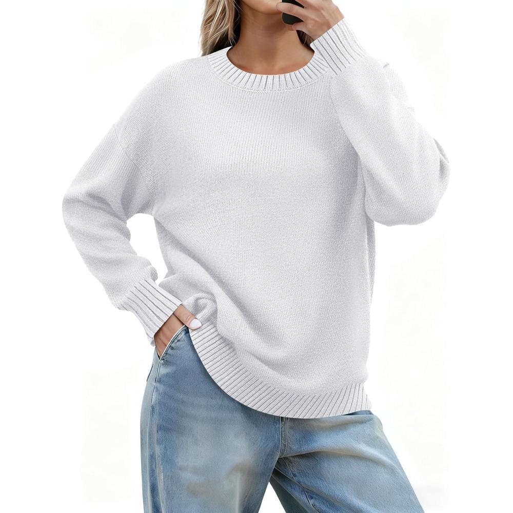 imageZeagoo Fall Sweaters for Women 2026 Long Sleeve Crewneck Ribbed Knit Pullover Sweater Loose Fit Basic Jumper TopsA White