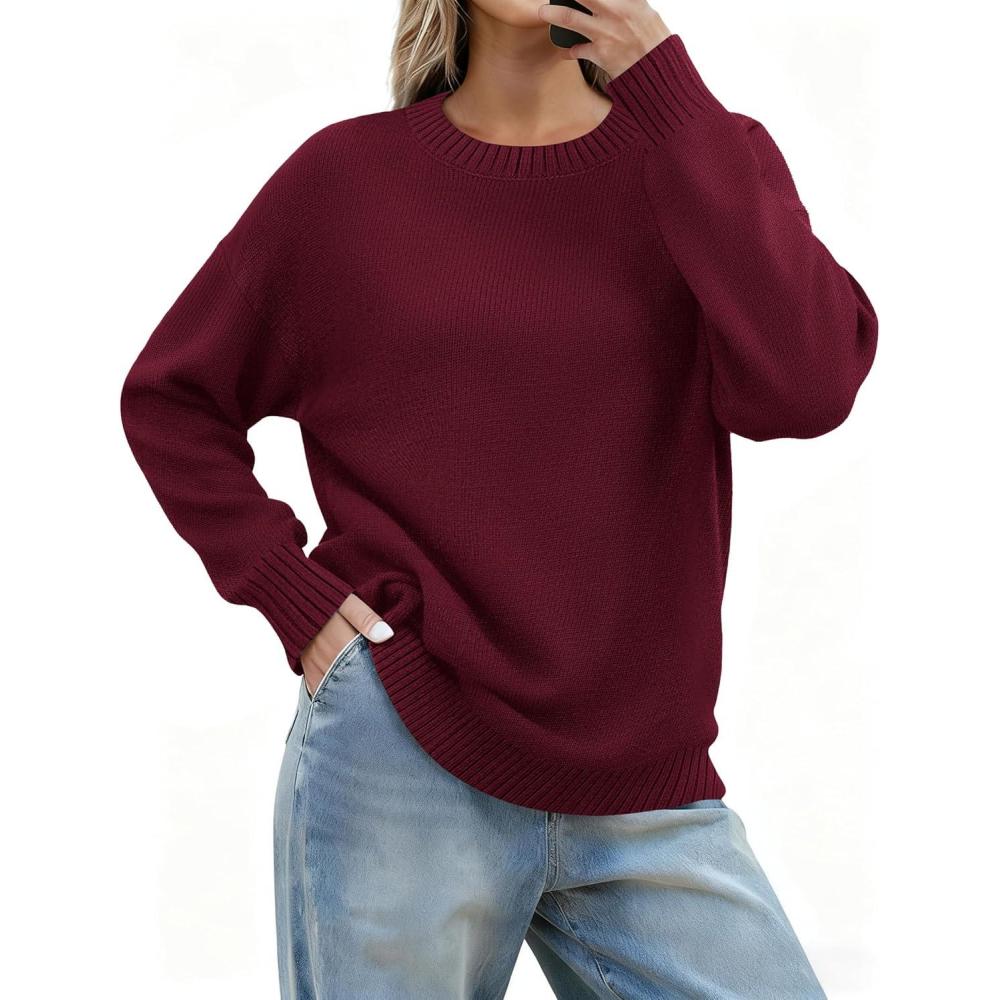 imageZeagoo Fall Sweaters for Women 2026 Long Sleeve Crewneck Ribbed Knit Pullover Sweater Loose Fit Basic Jumper TopsA Wine Red