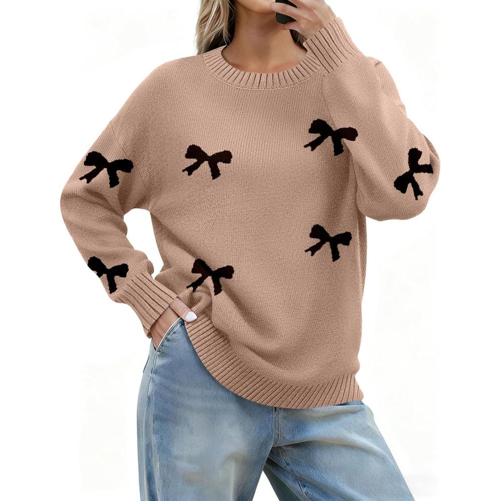 imageZeagoo Fall Sweaters for Women 2026 Long Sleeve Crewneck Ribbed Knit Pullover Sweater Loose Fit Basic Jumper TopsAa Bow625