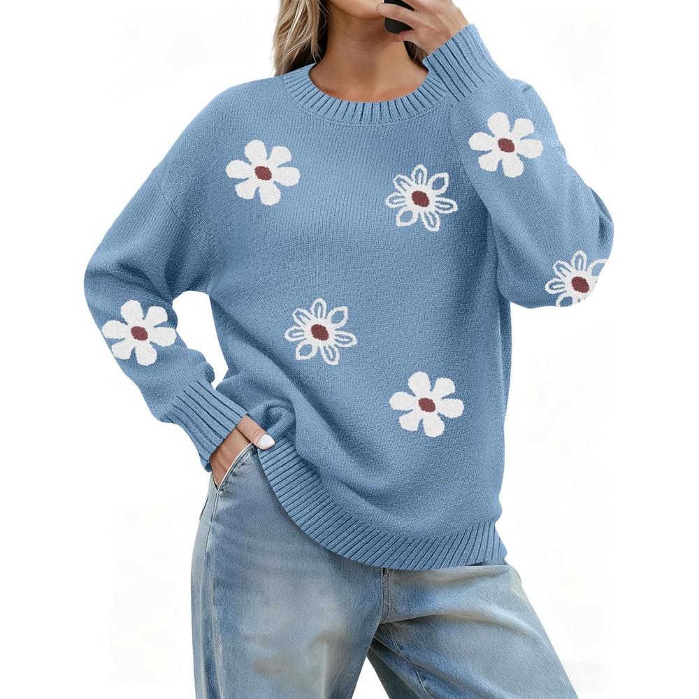 imageZeagoo Fall Sweaters for Women 2026 Long Sleeve Crewneck Ribbed Knit Pullover Sweater Loose Fit Basic Jumper TopsFlower193