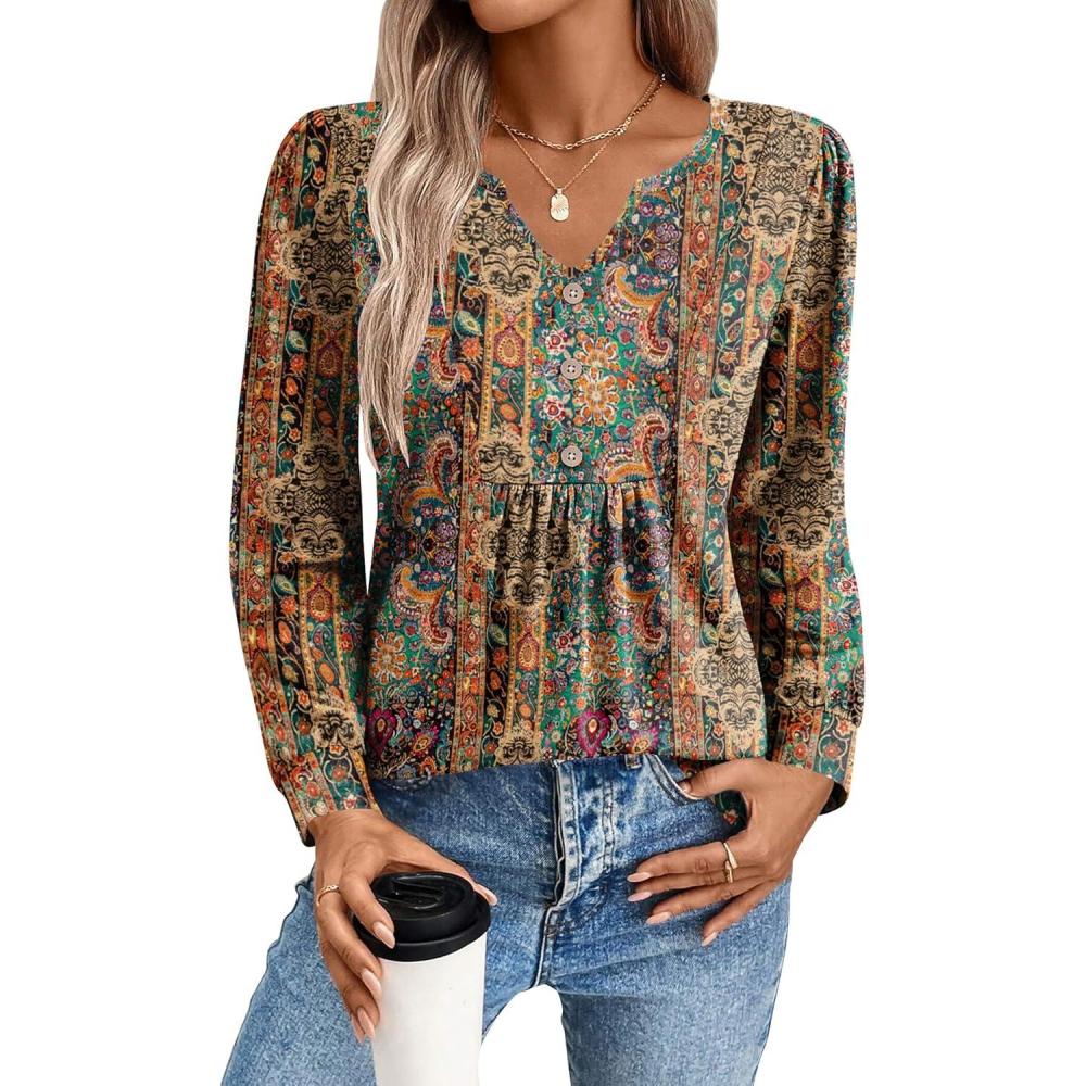 imageZeagoo Long Sleeve Shirts for Women 2025 Casual Pleated V Neck Fall Tunic Tops Button Down Blouse Dressy Loose TShirts01ethnic Floral 01