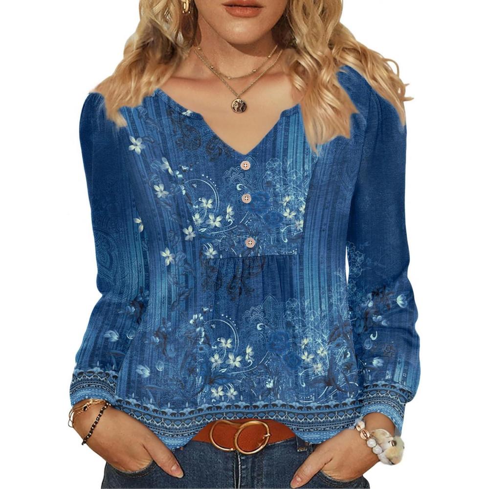 imageZeagoo Long Sleeve Shirts for Women 2025 Casual Pleated V Neck Fall Tunic Tops Button Down Blouse Dressy Loose TShirts02 Blue Ethnic Floral