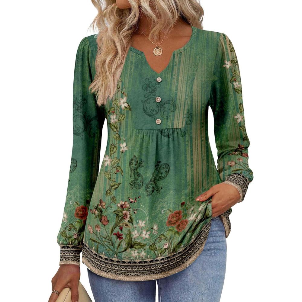 imageZeagoo Long Sleeve Shirts for Women 2025 Casual Pleated V Neck Fall Tunic Tops Button Down Blouse Dressy Loose TShirts02green Ethnic Print