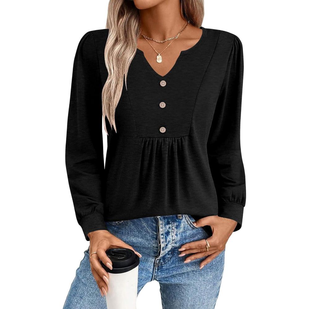imageZeagoo Long Sleeve Shirts for Women 2025 Casual Pleated V Neck Fall Tunic Tops Button Down Blouse Dressy Loose TShirtsBlack