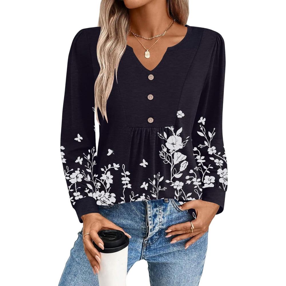 imageZeagoo Long Sleeve Shirts for Women 2025 Casual Pleated V Neck Fall Tunic Tops Button Down Blouse Dressy Loose TShirtsBlack Floral