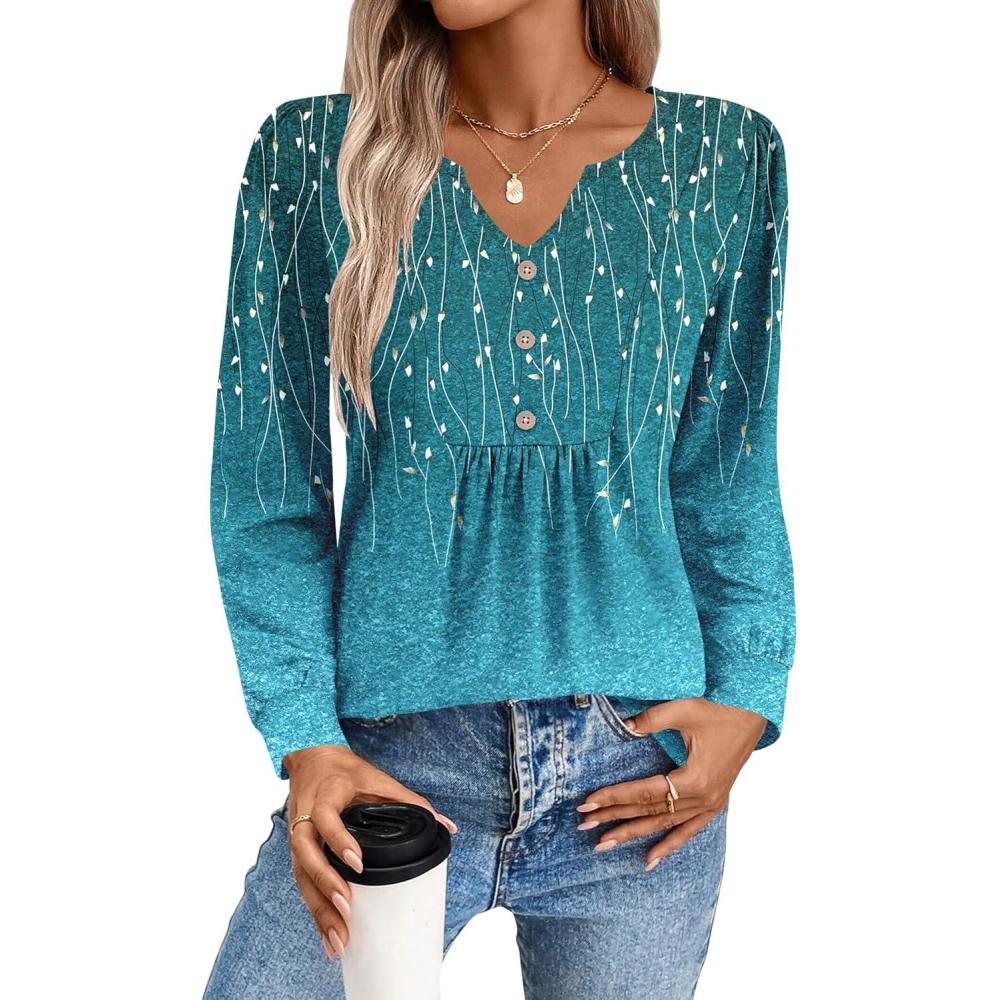 imageZeagoo Long Sleeve Shirts for Women 2025 Casual Pleated V Neck Fall Tunic Tops Button Down Blouse Dressy Loose TShirtsBlue Floral