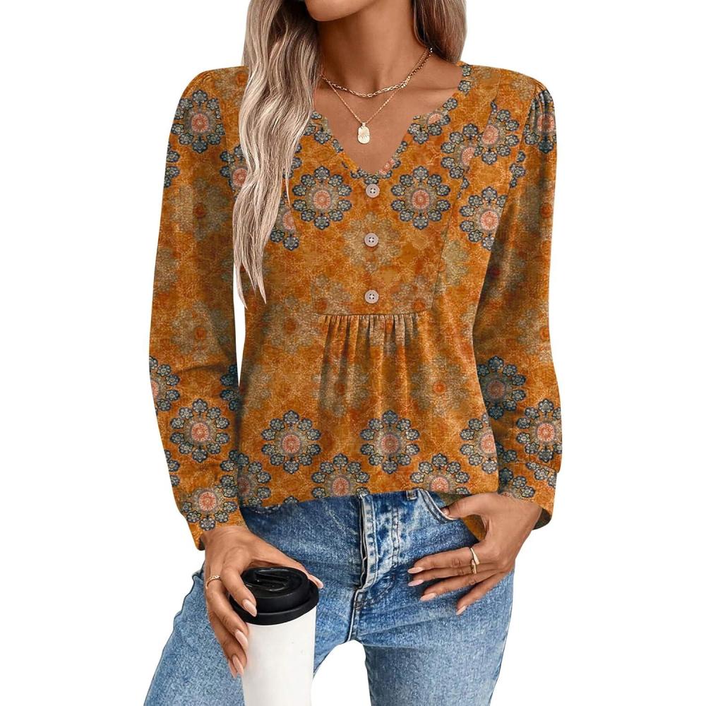 imageZeagoo Long Sleeve Shirts for Women 2025 Casual Pleated V Neck Fall Tunic Tops Button Down Blouse Dressy Loose TShirtsCaramel Brown Ethnic