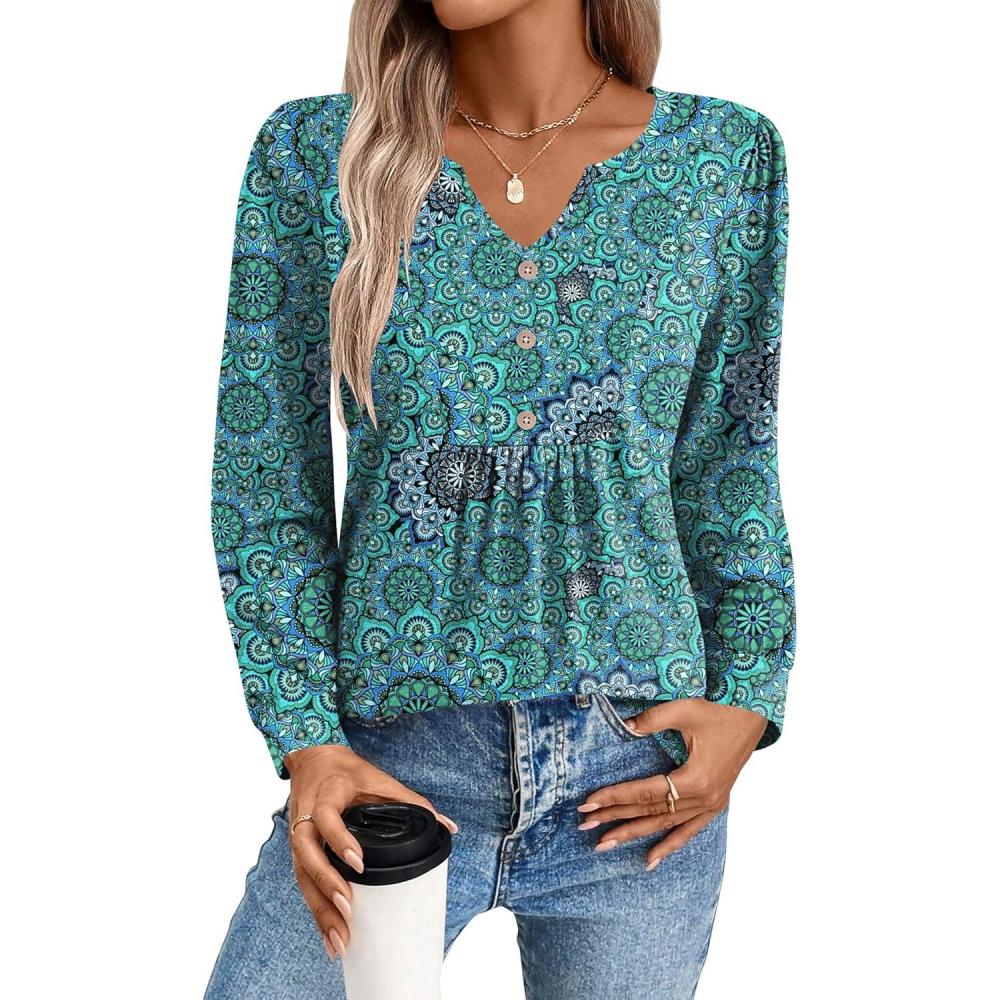 imageZeagoo Long Sleeve Shirts for Women 2025 Casual Pleated V Neck Fall Tunic Tops Button Down Blouse Dressy Loose TShirtsGreen Floral