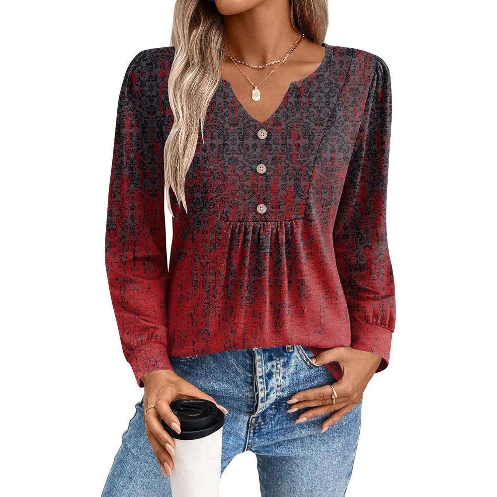 imageZeagoo Long Sleeve Shirts for Women 2025 Casual Pleated V Neck Fall Tunic Tops Button Down Blouse Dressy Loose TShirtsGrey Red Print