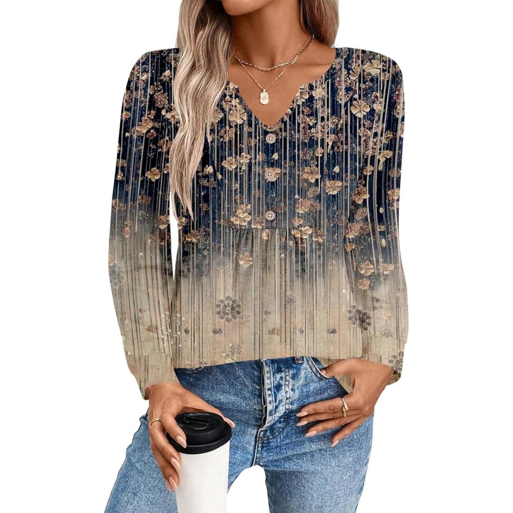 imageZeagoo Long Sleeve Shirts for Women 2025 Casual Pleated V Neck Fall Tunic Tops Button Down Blouse Dressy Loose TShirtsKhaki Floral