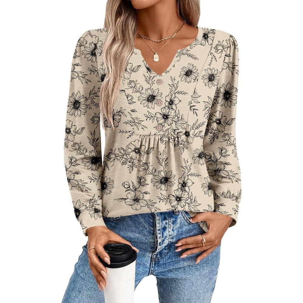 imageZeagoo Long Sleeve Shirts for Women 2025 Casual Pleated V Neck Fall Tunic Tops Button Down Blouse Dressy Loose TShirtsLight Coffee Floral