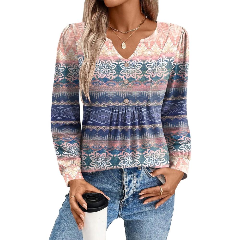 imageZeagoo Long Sleeve Shirts for Women 2025 Casual Pleated V Neck Fall Tunic Tops Button Down Blouse Dressy Loose TShirtsMz814