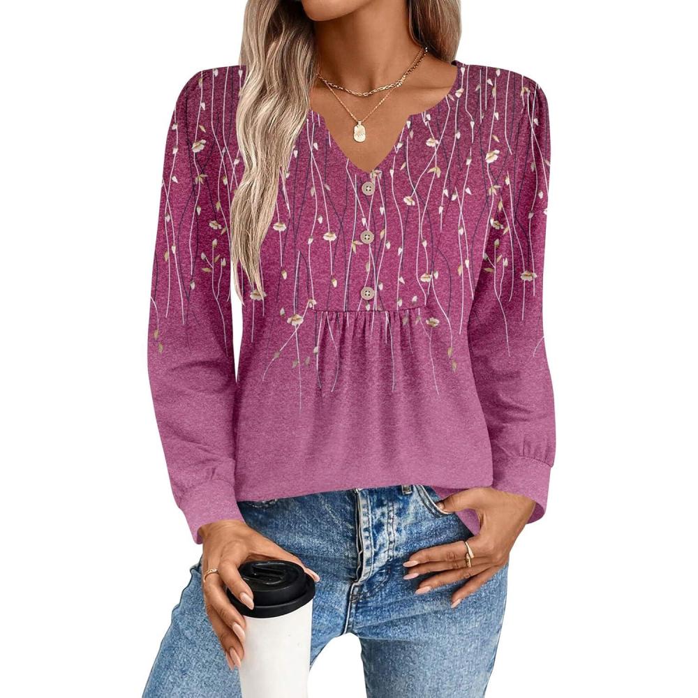 imageZeagoo Long Sleeve Shirts for Women 2025 Casual Pleated V Neck Fall Tunic Tops Button Down Blouse Dressy Loose TShirtsPink Print