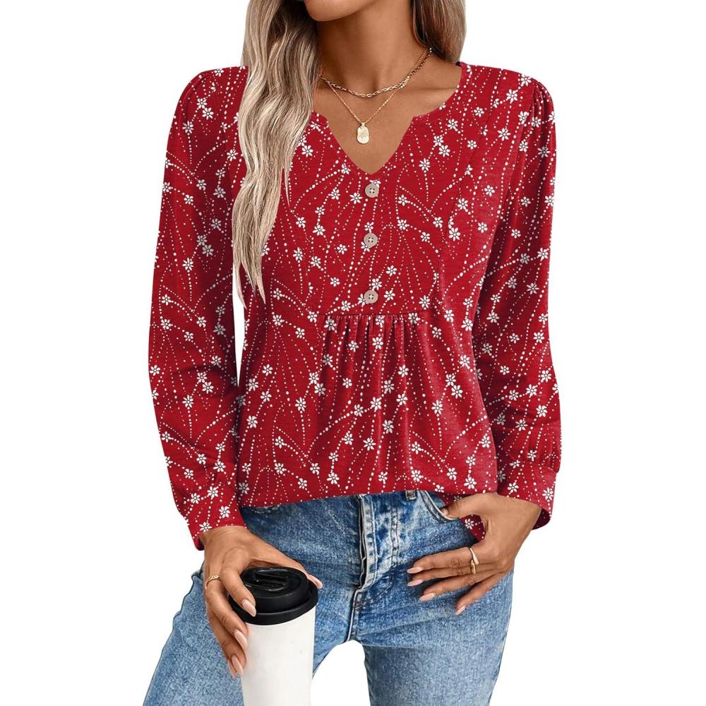 imageZeagoo Long Sleeve Shirts for Women 2025 Casual Pleated V Neck Fall Tunic Tops Button Down Blouse Dressy Loose TShirtsRed Floral
