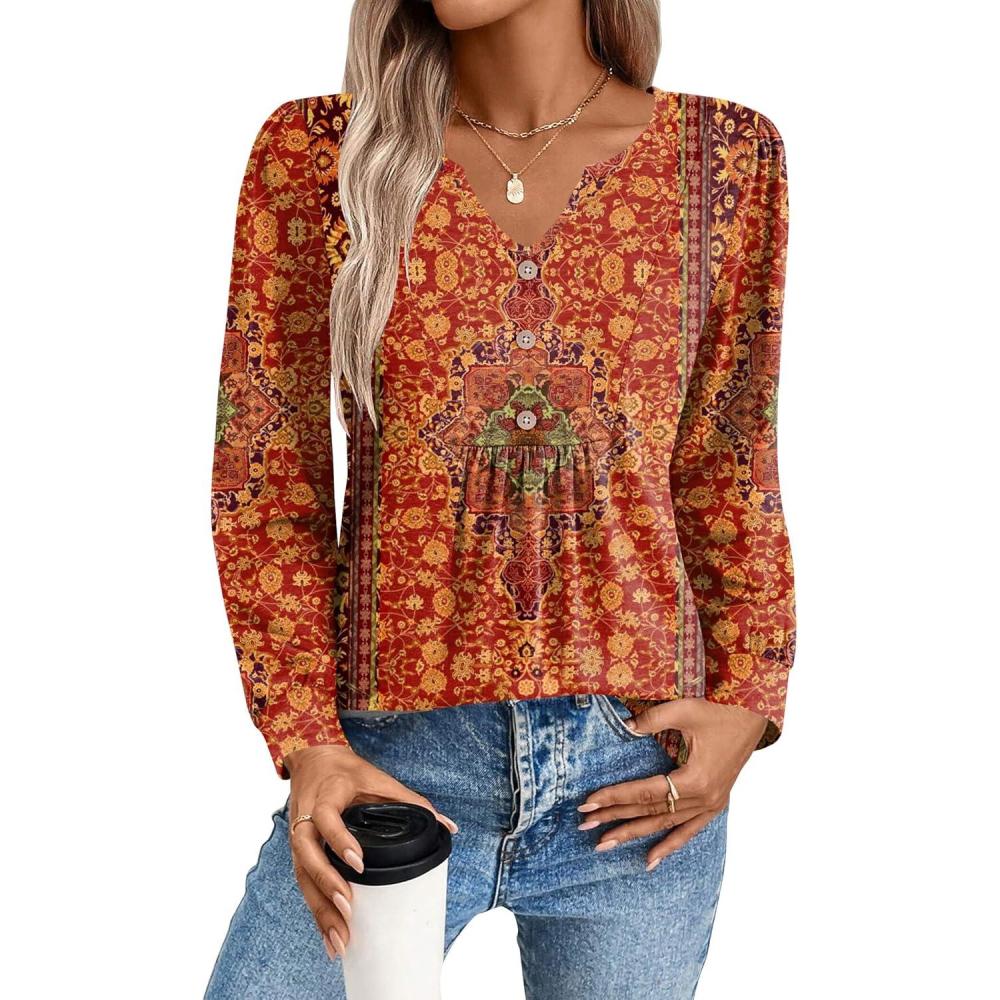 imageZeagoo Long Sleeve Shirts for Women 2025 Casual Pleated V Neck Fall Tunic Tops Button Down Blouse Dressy Loose TShirtsVintage Flower