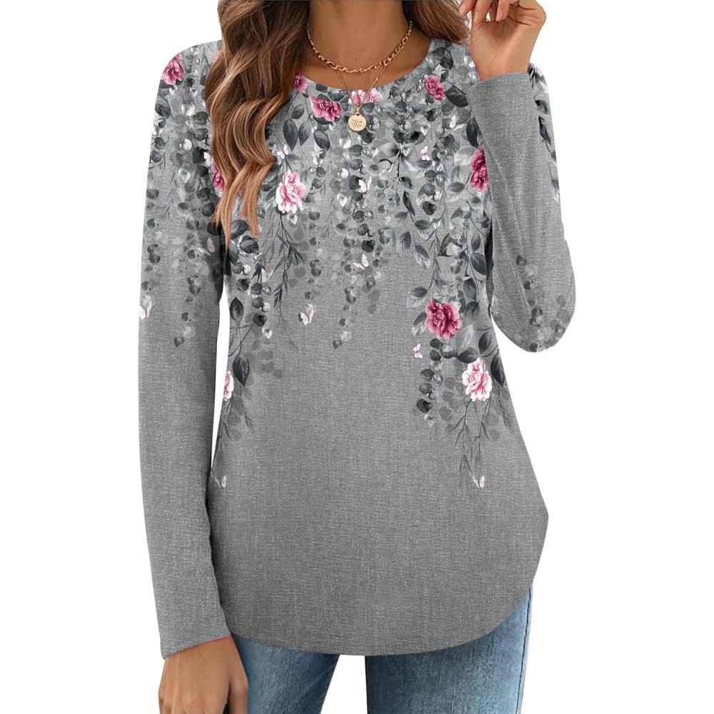 imageZeagoo Long Sleeve Shirts for Women Crew Neck Casual Fall Fashion Blouses Basic Tunic Tops Dressy Work ClothesAgrey Printhf36