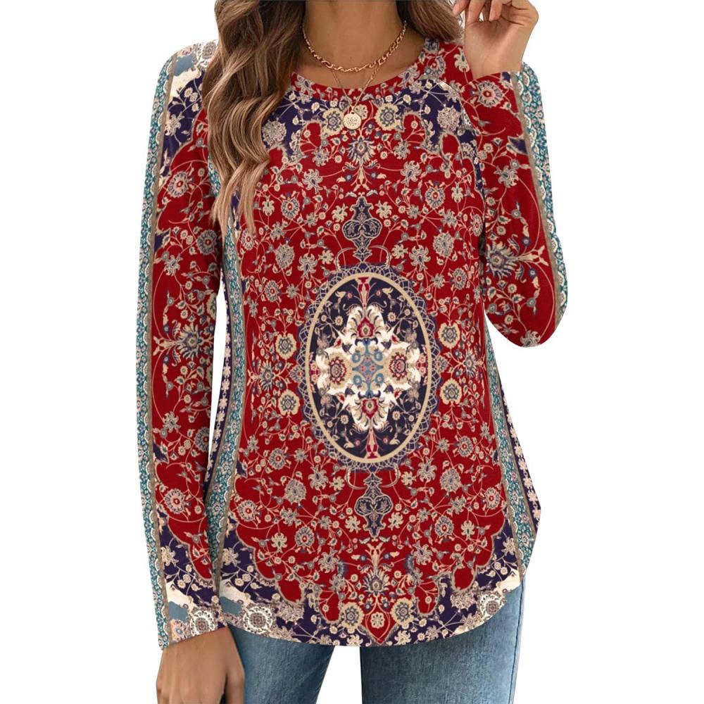 imageZeagoo Long Sleeve Shirts for Women Crew Neck Casual Fall Fashion Blouses Basic Tunic Tops Dressy Work ClothesFloral Redmz870